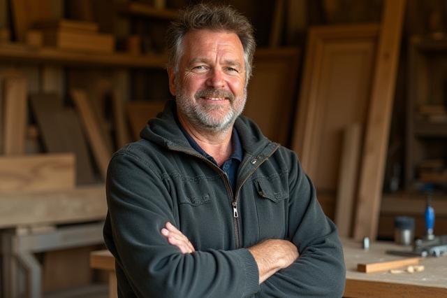 Founder Liam O'Connell in his original Morrigan Mills workshop, surrounded by woodworking tools and unfinished bespoke kitchen cabinetry.