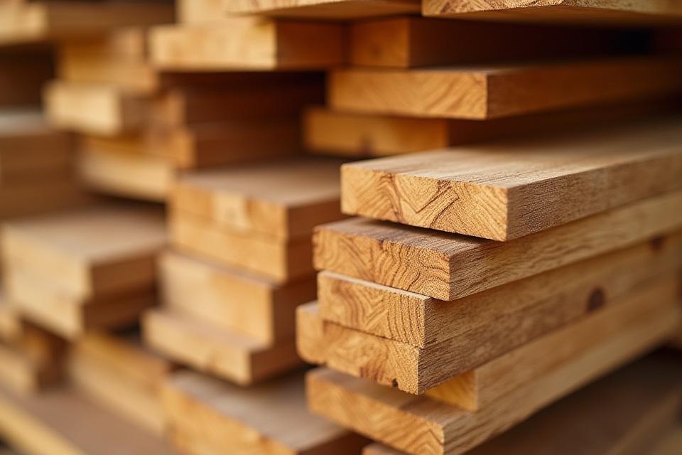 Close-up of neatly stacked, responsibly sourced hardwood timber planks, ready for bespoke kitchen furniture manufacturing.