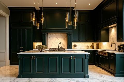 Luxurious kitchen in Ballsbridge with marble countertops, custom dark cabinetry, and high-end finishes.
