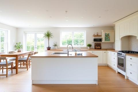 Spacious and family-friendly kitchen in Cabinteely with a large island, durable surfaces, and ample storage.