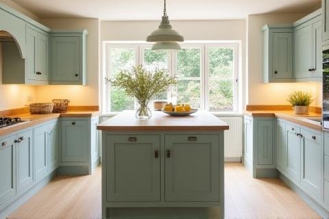 Classic Shaker-style kitchen design in Clontarf, painted in a neutral tone with a large island.