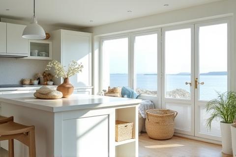 Bright and airy kitchen in Dalkey with a coastal theme, light wood accents, and panoramic views.