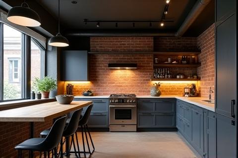 Modern industrial-style kitchen in Rathmines, featuring exposed brick, concrete elements, and warm wood details.