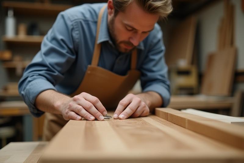 Skilled artisan working on custom kitchen cabinetry in a woodworking workshop, showcasing craftsmanship