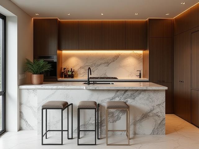 Elegant bespoke kitchen with marble countertops designed by Morrigan Mills
