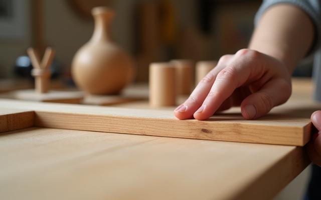 Detail of artisanal woodworking in a kitchen workshop